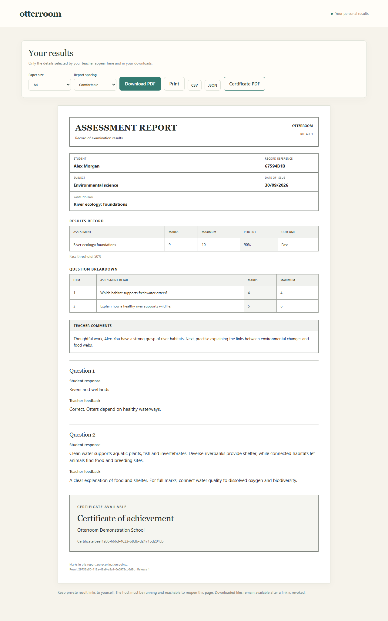 Example assessment report with ruled marks tables and teacher comments, using fictional demonstration data