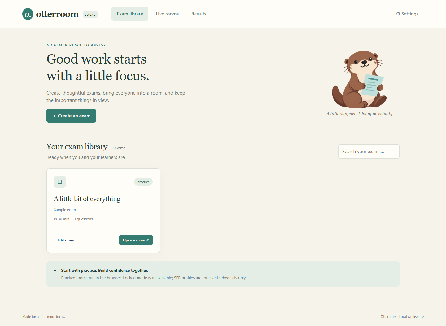 Otterroom exam library with a sample assessment, question count and room controls